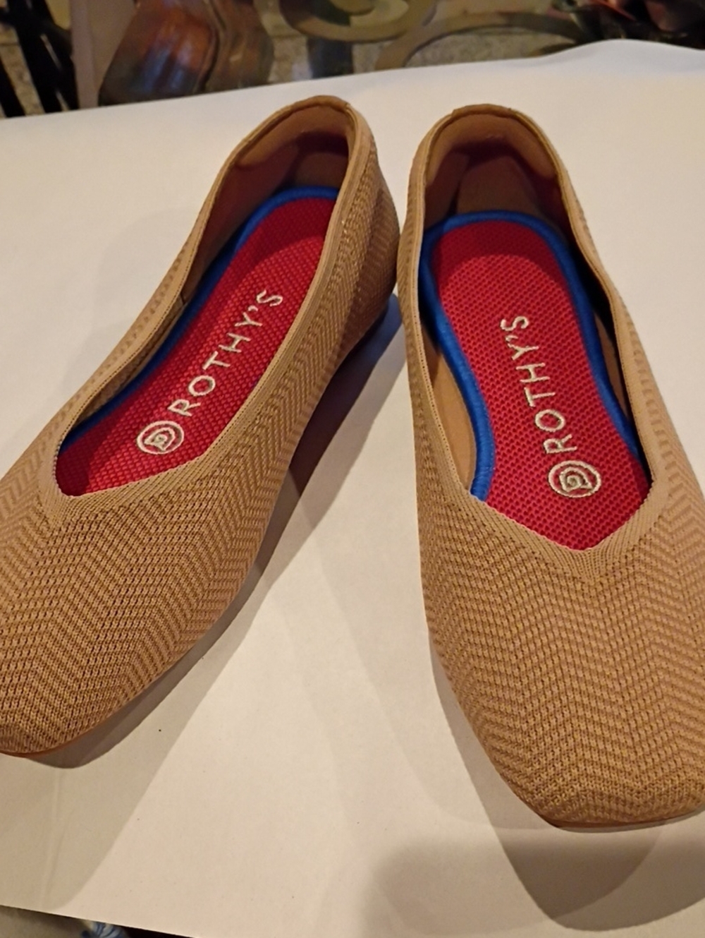 Rothy's Tan Knit Slip-On Flats with Red Insoles